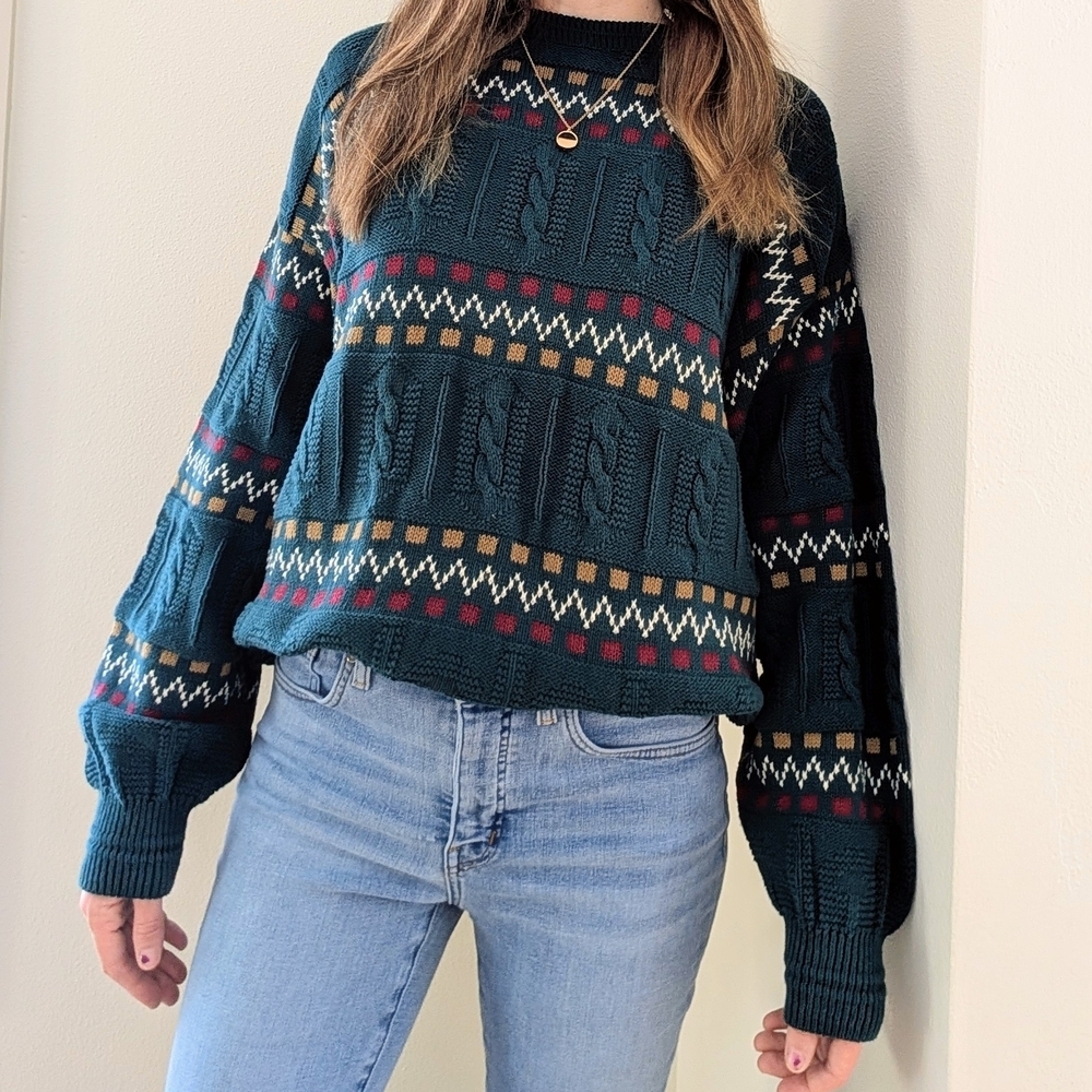 Vintage Abstract Geometric Patterned Chunky Textured Crewneck Sweater - Picture 1 of 8